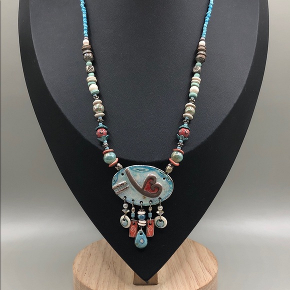 Vintage artisan handmade ceramic heart beaded necklace romantic whimsy boho. - Picture 8 of 8